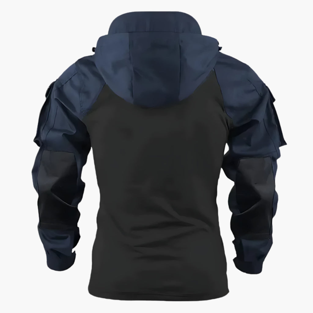 Dark blue tactical jacket with attached hood, back view, and ruched utility sleeves