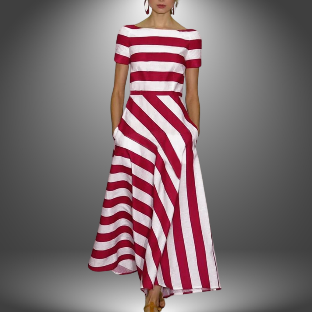 Red-and-white striped maxi dress with short sleeves, round neckline, A-line silhouette