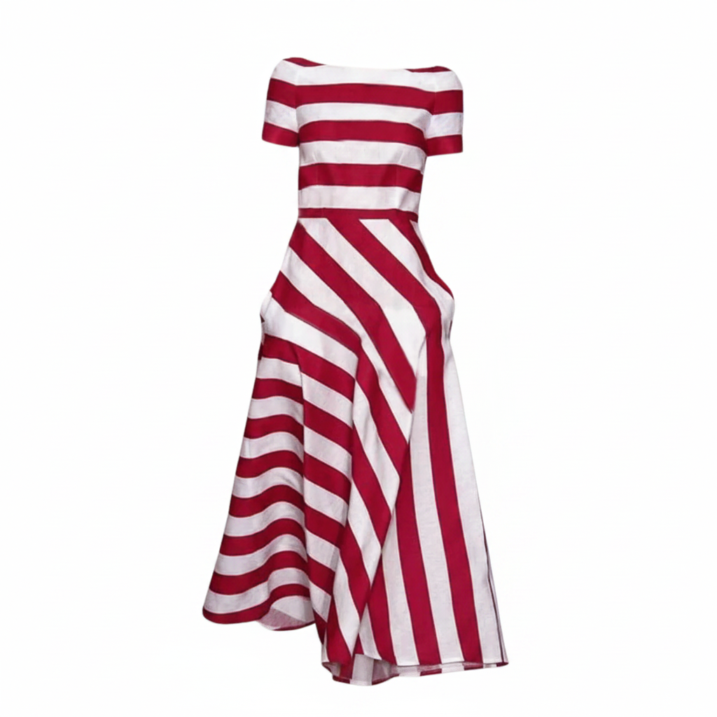 Red-and-white striped maxi dress with short sleeves, fitted waist, flared skirt