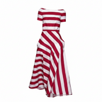 Red-and-white striped maxi dress with short sleeves, fitted waist, flared skirt