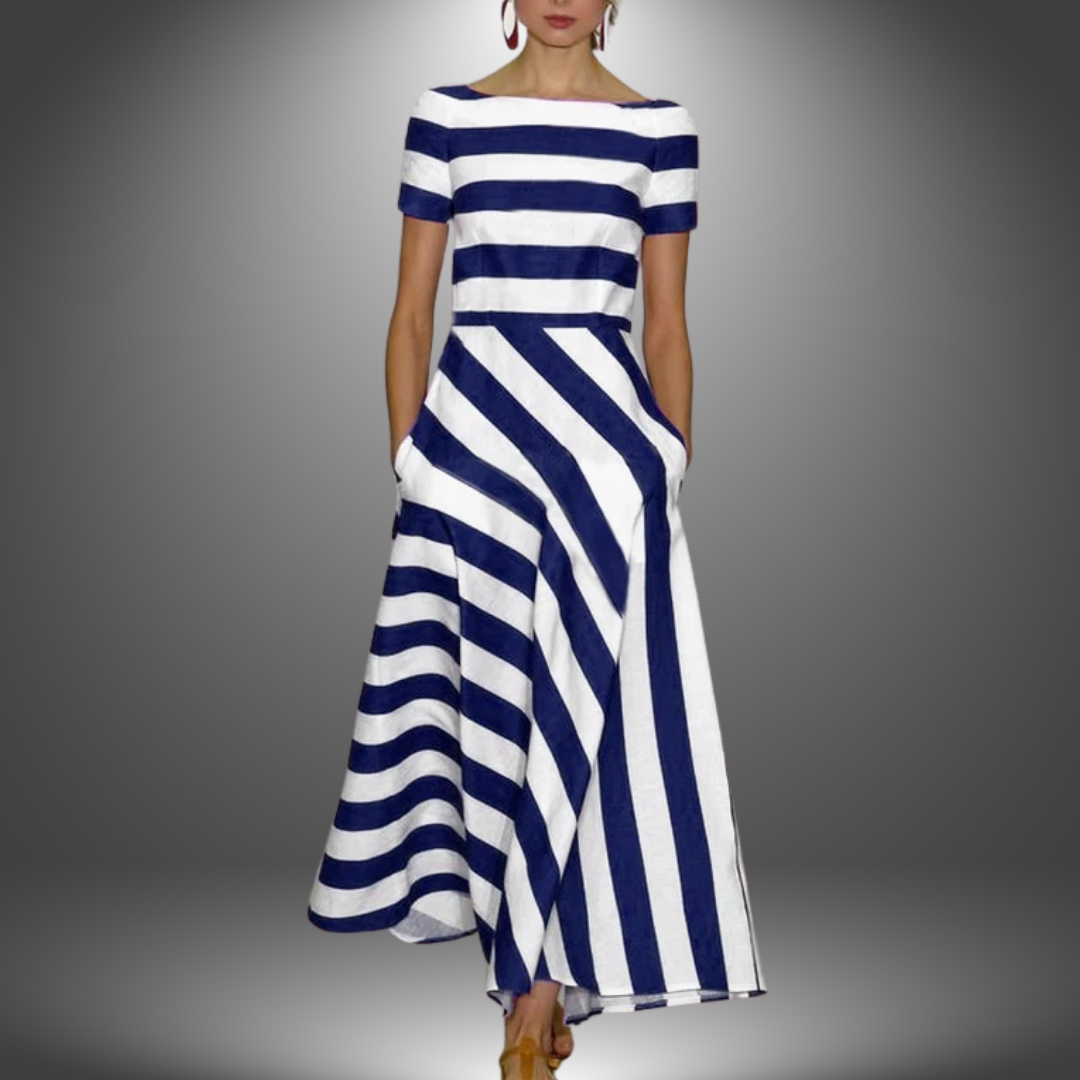 Blue-and-white striped maxi dress with short sleeves, round neckline, flared skirt