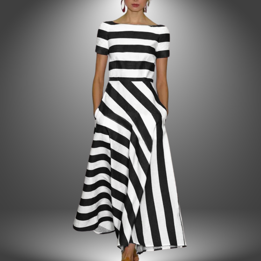 Black-and-white striped maxi dress with short sleeves, round neckline, flared skirt