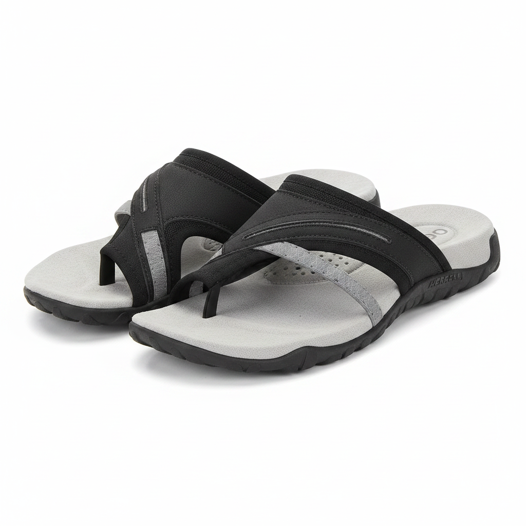 Women's black open-toe flat sandals, two-strap design with cushioned molded footbed