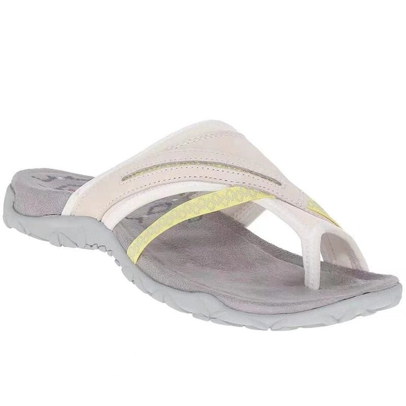 Women's cream open-toe flat sandals with yellow-accented strap and cushioned sole
