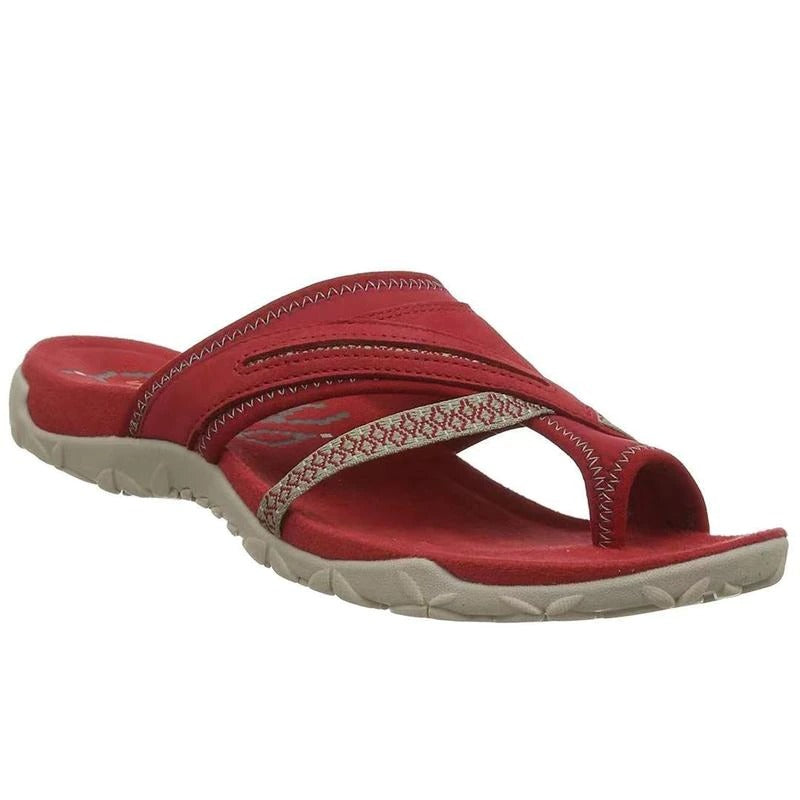 Women's red open-toe flat sandals with patterned sling strap and cushioned sole