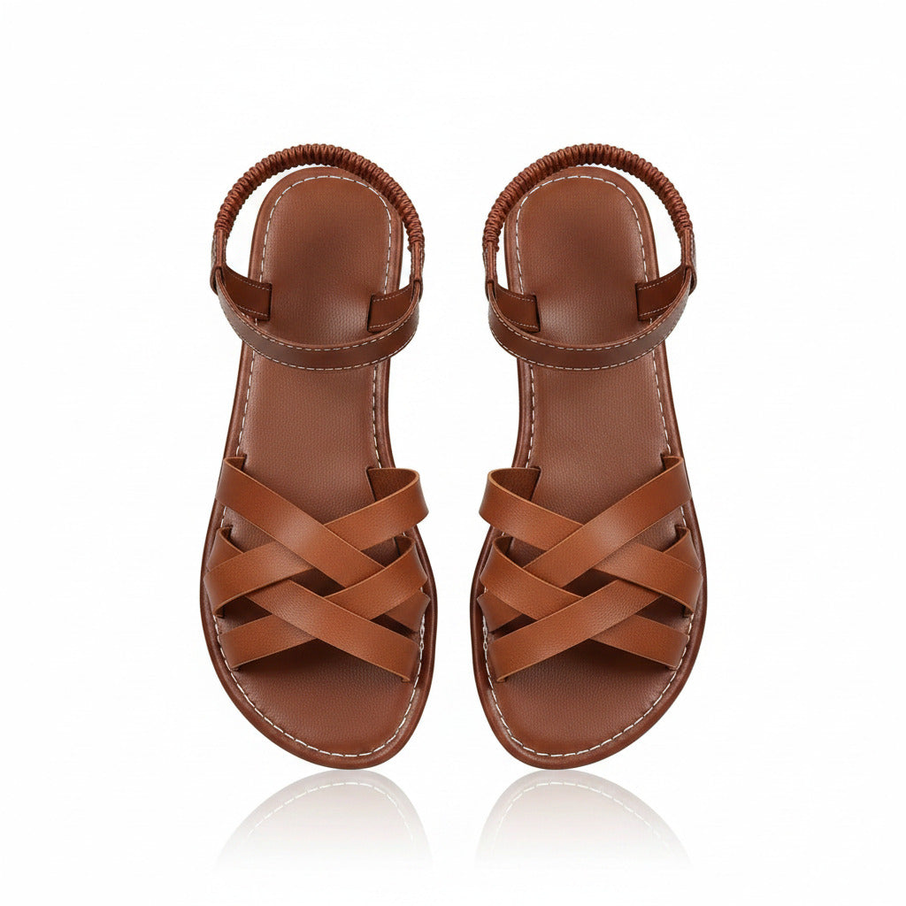Women's brown cross-strappy flat sandals, open round toe, stitched slip-on