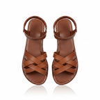 Women's brown cross-strappy flat sandals, open round toe, stitched slip-on