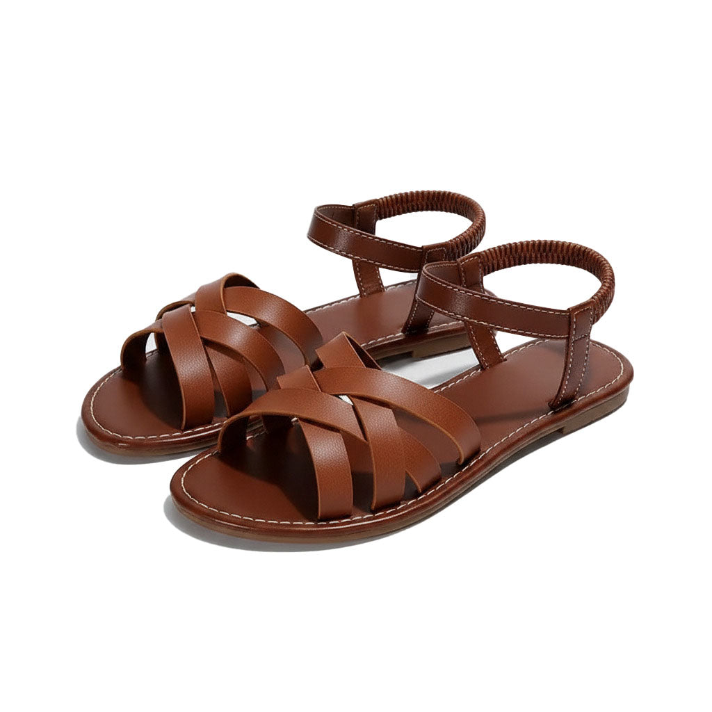 Women's brown cross-strappy flat sandals, open toe, wide woven straps, slip-on
