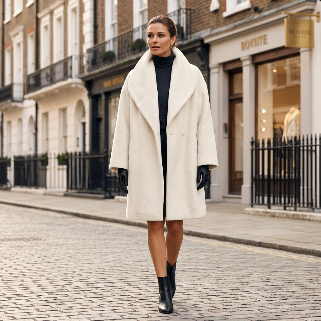 Women’s relaxed fit winter coat, light cream, lapel collar, knee length, zip front