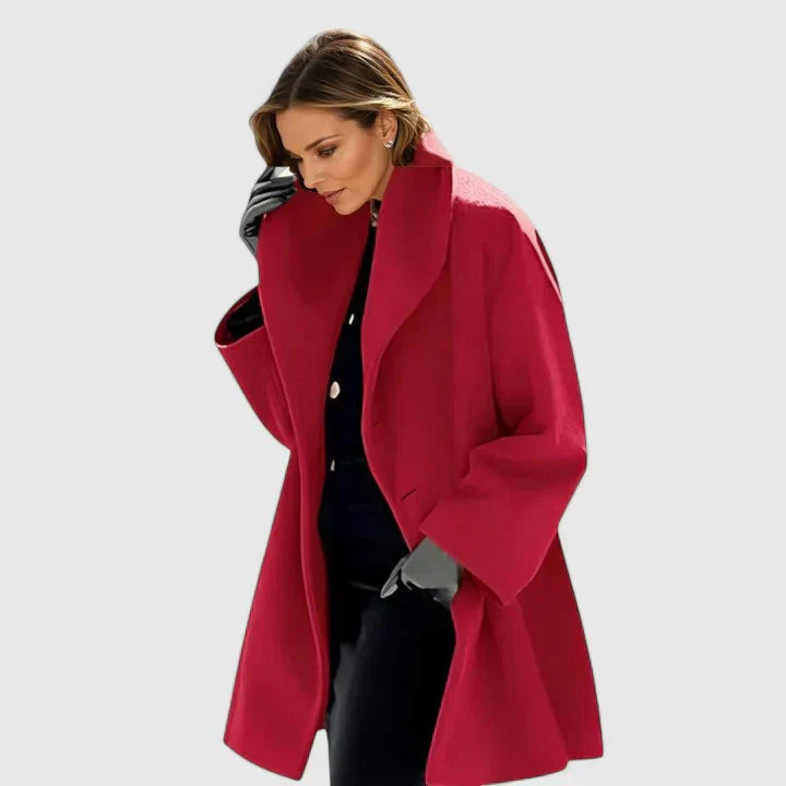 Oravienne elegant coat, red, notched lapel, long sleeves, single-button front
