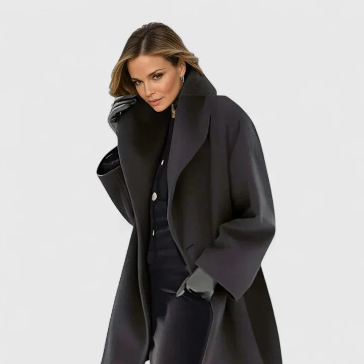 Oravienne elegant coat, dark color, notched lapel, long sleeves, single-button front