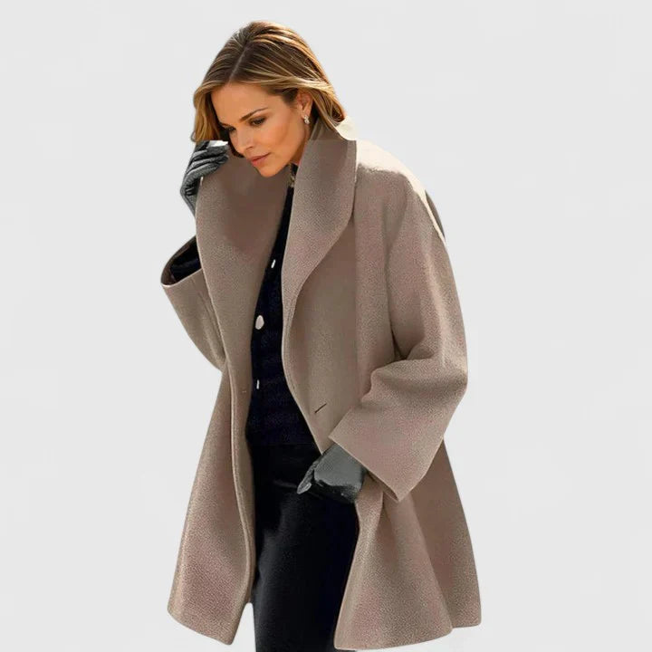 Oravienne elegant coat, beige, notched lapel, long sleeves, single-button front