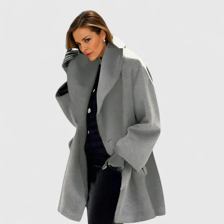 Oravienne elegant coat, light gray, notched lapel, long sleeves, single-button front