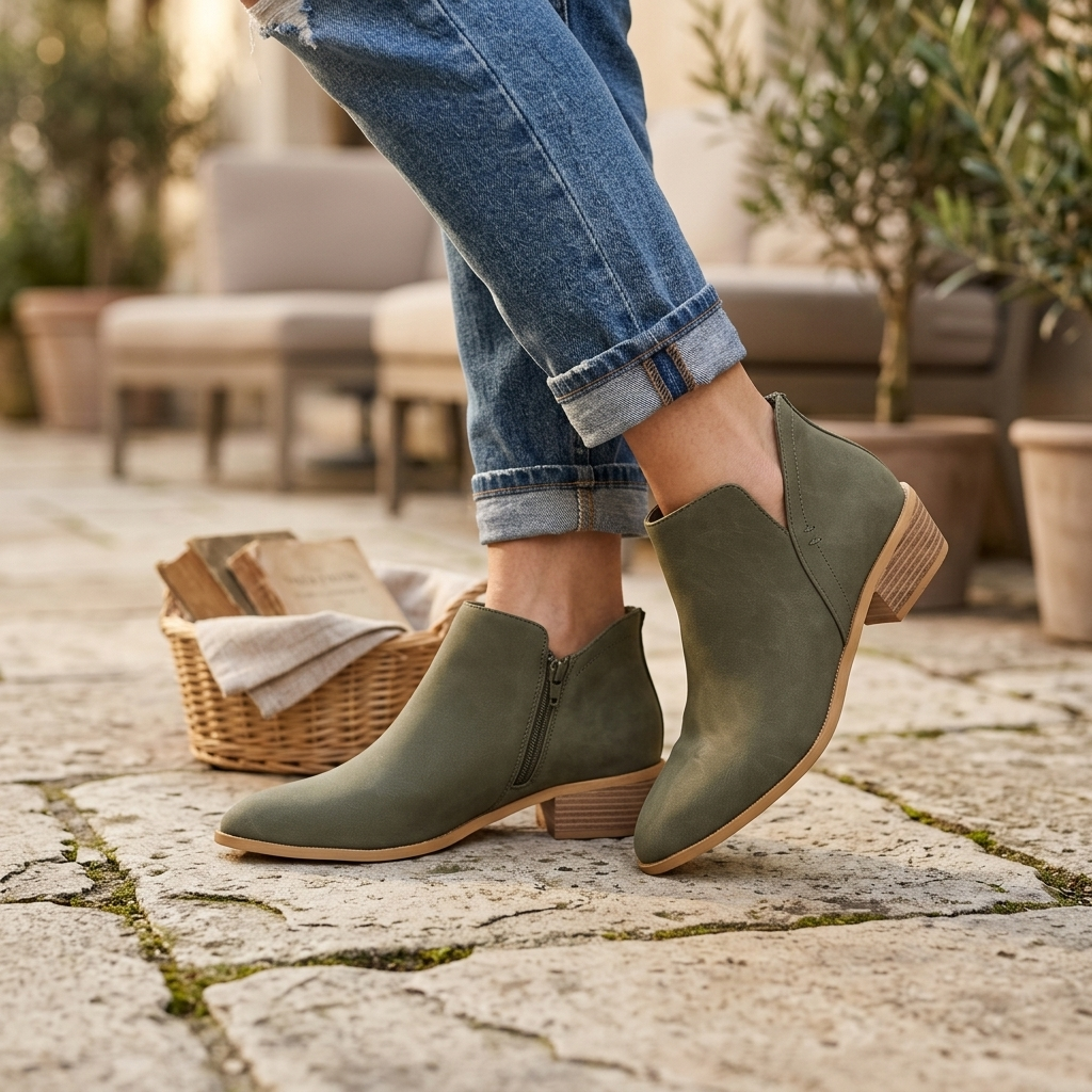 Olive green wedge-heel ankle boots with pointed toe and back zipper.