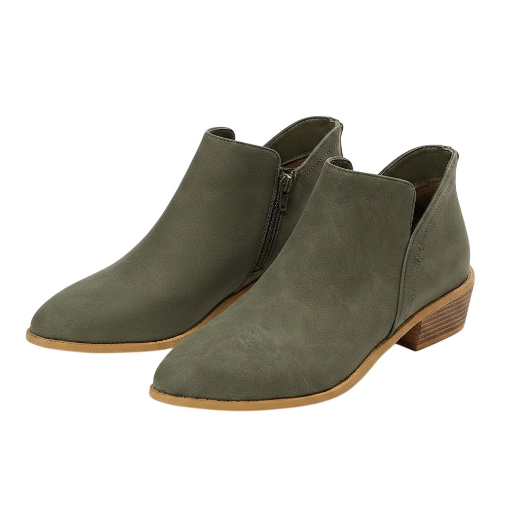Suede wedge-heel ankle boots with pointed toe in olive green, side zip detail