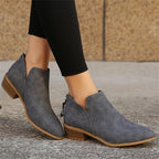 Suede wedge-heel ankle boots with pointed toe in gray-blue, side zip detail