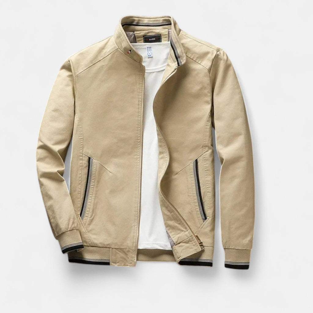 Men’s cotton bomber jacket in beige with front zipper, stand collar, and ribbed cuffs