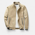Men’s cotton bomber jacket in beige with front zipper, stand collar, and ribbed cuffs