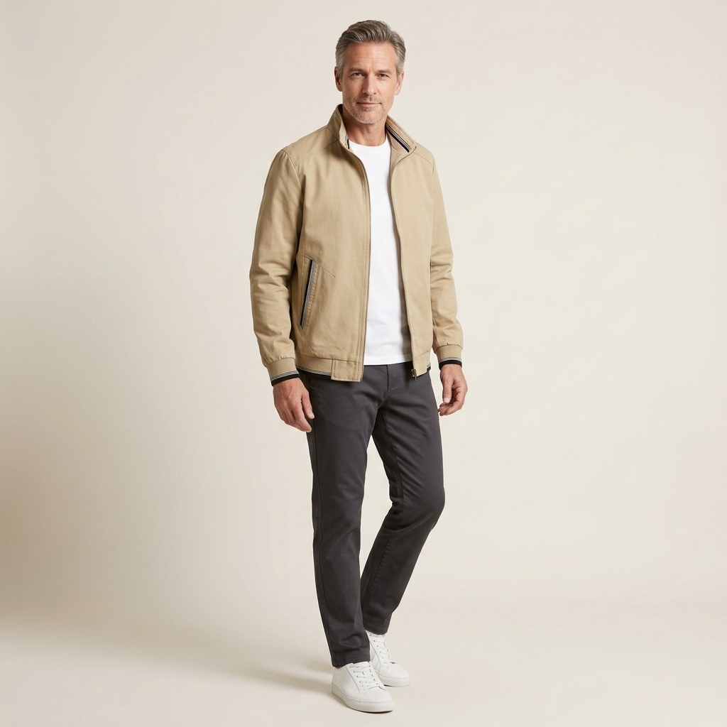 Men's beige cotton bomber jacket with ribbed cuffs and zip front, regular fit