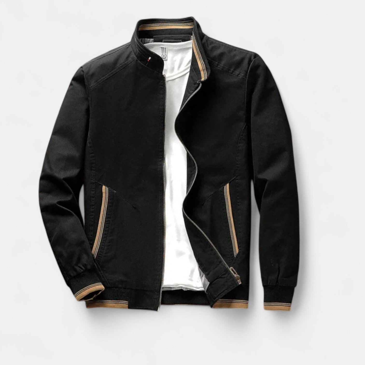 Men’s cotton bomber jacket in black with front zipper, stand collar, and ribbed cuffs