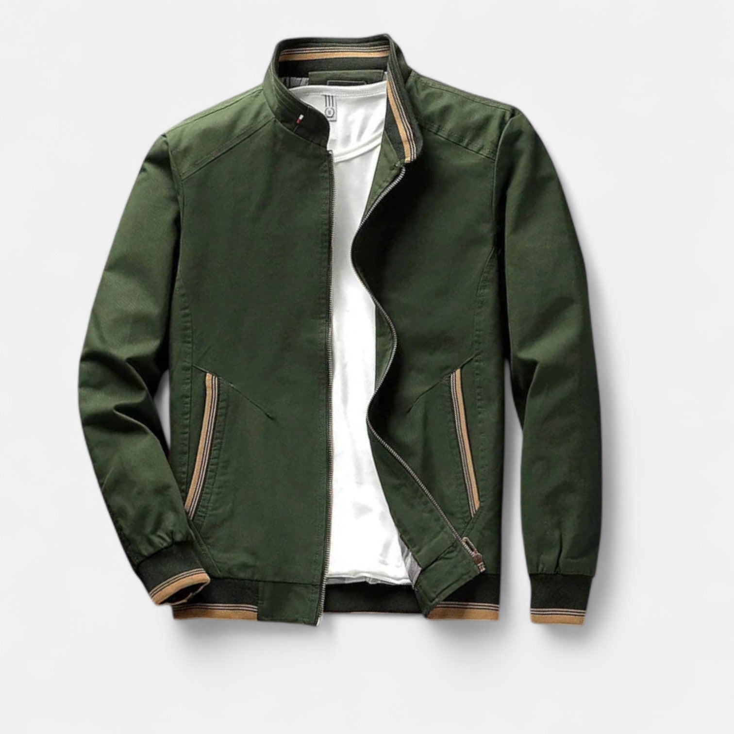 Men’s cotton bomber jacket in dark green with front zipper, stand collar, and ribbed cuffs