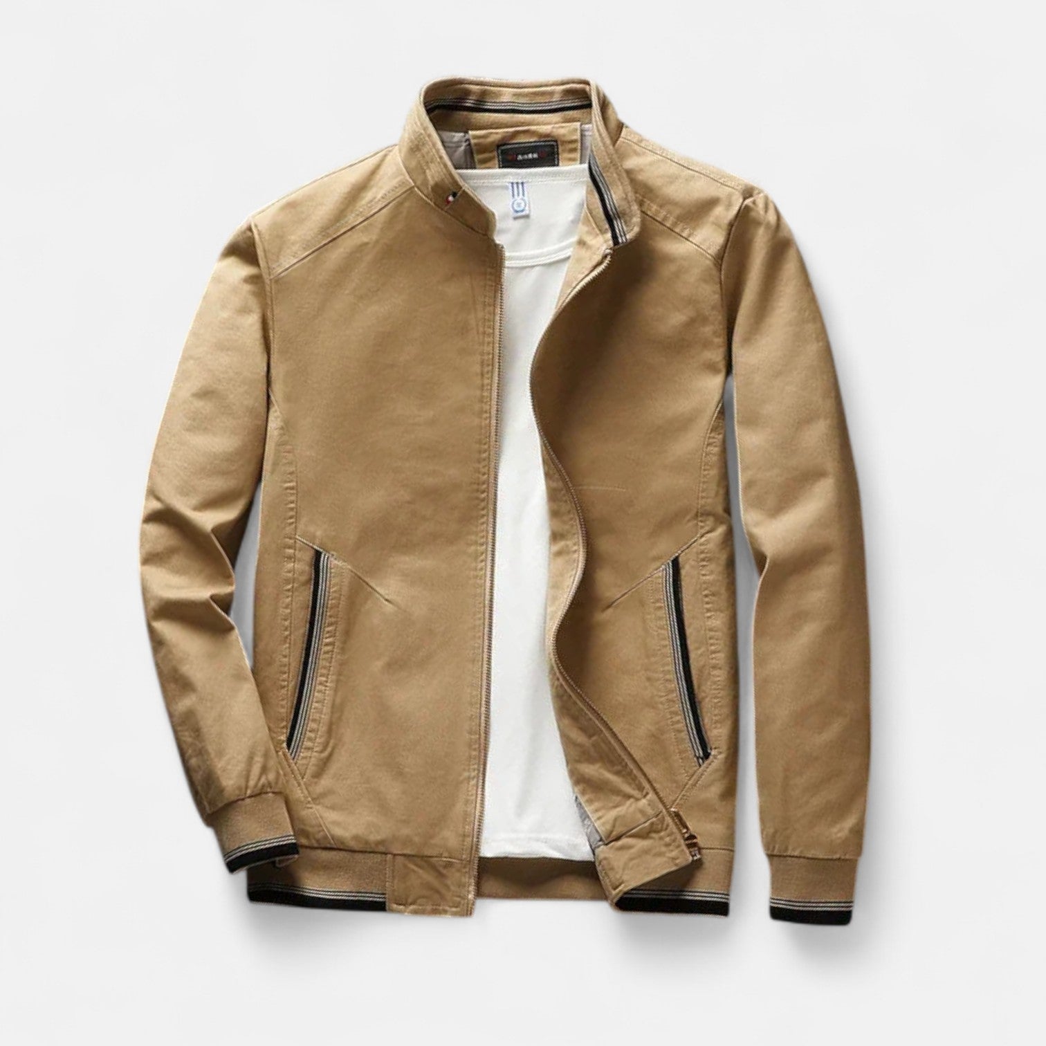 Men’s cotton bomber jacket in tan with front zipper, stand collar, and ribbed cuffs