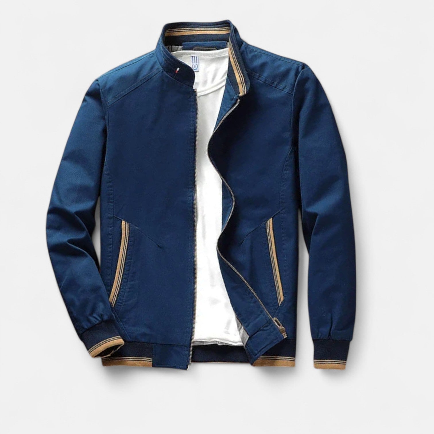 Men’s cotton bomber jacket in blue with front zipper, stand collar, and ribbed cuffs