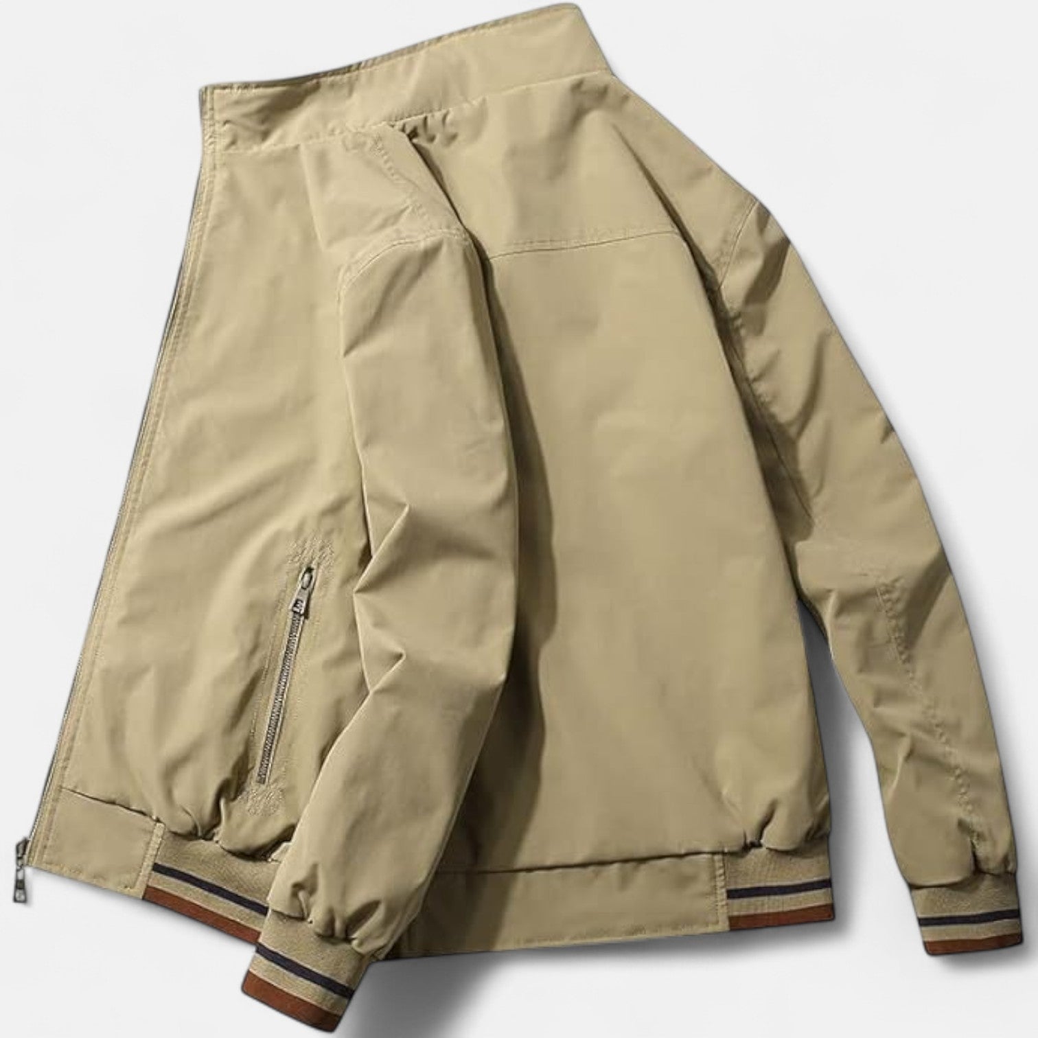 Men’s cotton bomber jacket in beige shown from back with ribbed hem and sleeve cuffs