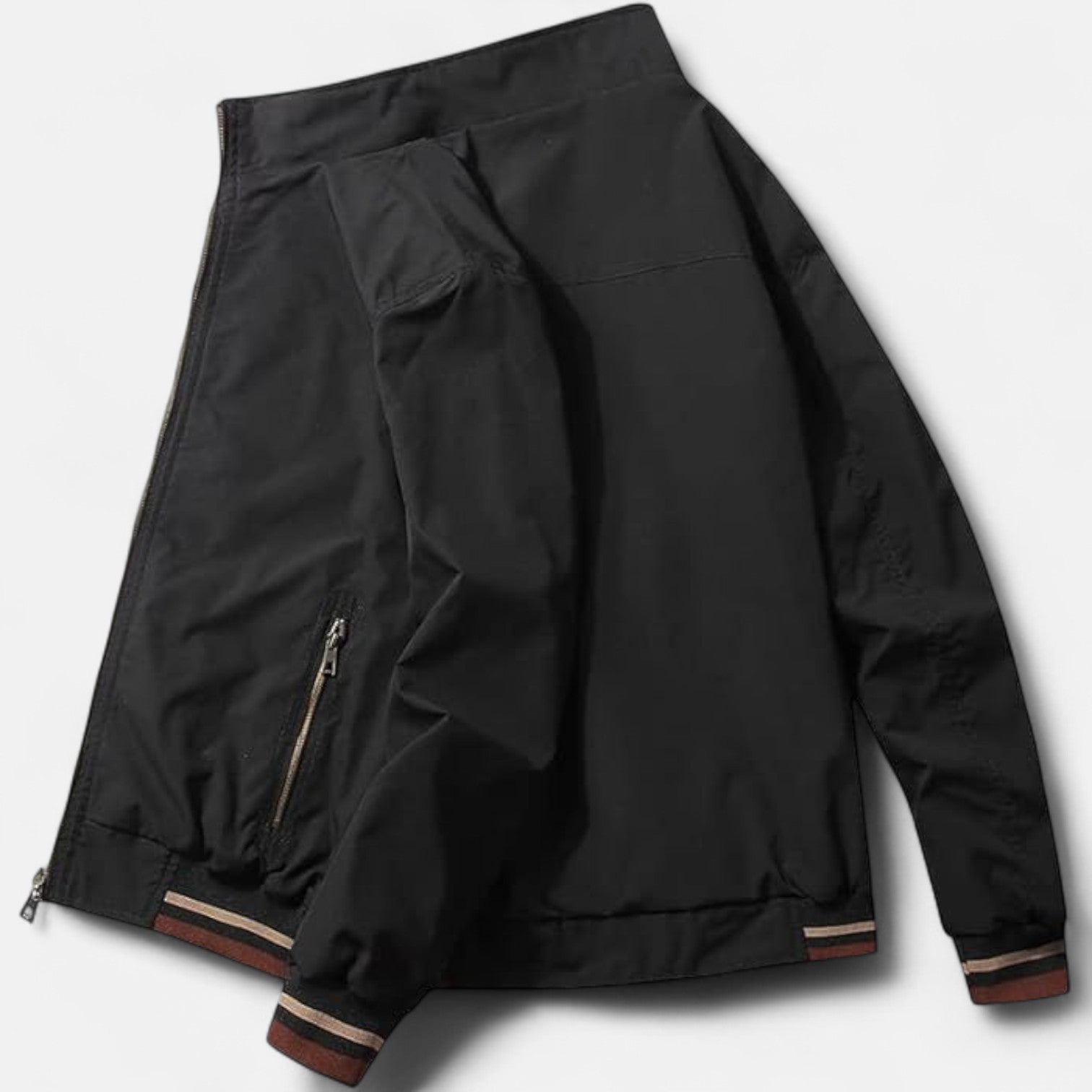 Men’s cotton bomber jacket in black shown from back with ribbed hem and sleeve cuffs
