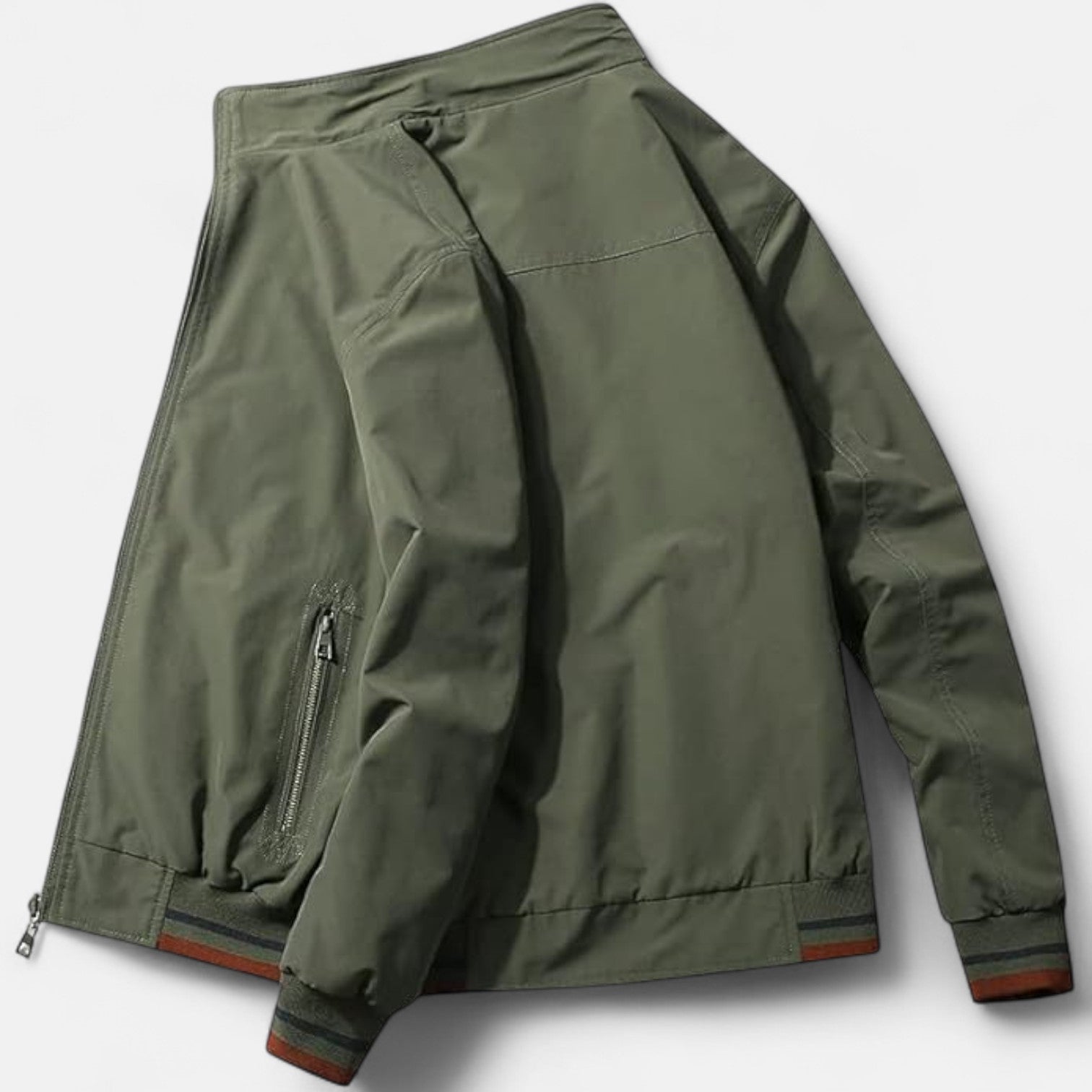 Men’s cotton bomber jacket in green shown from back with ribbed hem and sleeve cuffs