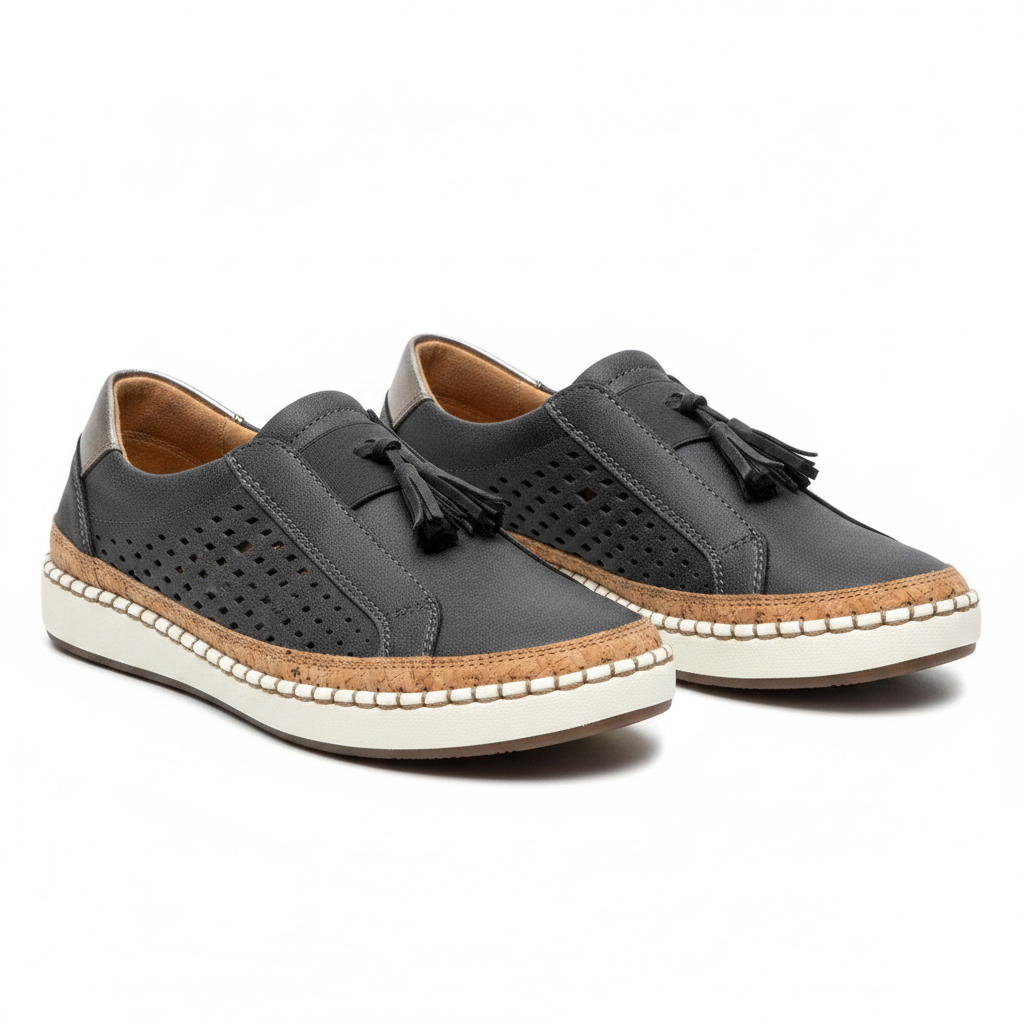 Women's dark gray slip-on textile sneakers with tassel detail and stitched rubber sole