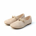 Beige cushioned slip-on loafer shoes with round toe and elastic strap detail