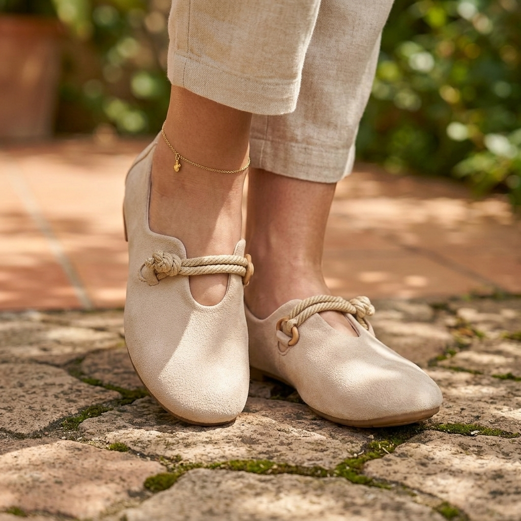 Women’s beige slip-on loafers with cushioned footbed and rope tie detail