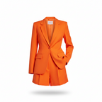 Orange single-breasted blazer and high-waist shorts set with notch lapels and pockets
