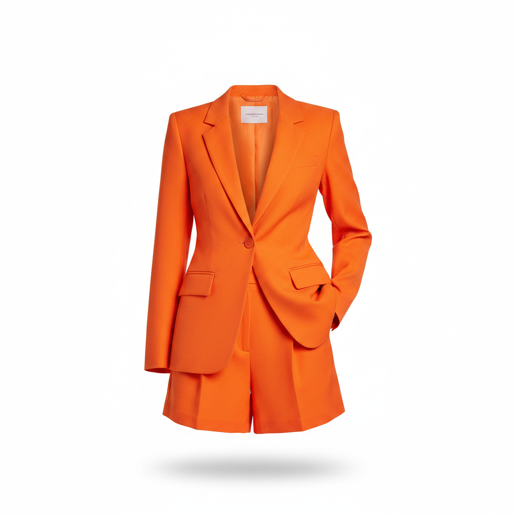 Orange single-breasted blazer and high-waist shorts set with notch lapels and pockets