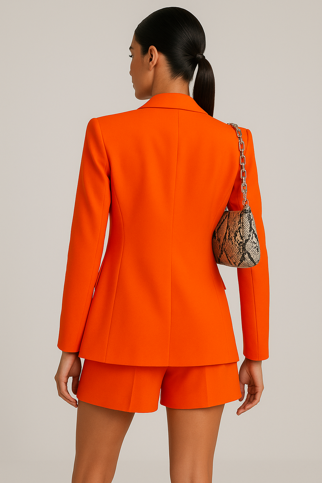Orange single-breasted blazer and high-waist shorts set, back view
