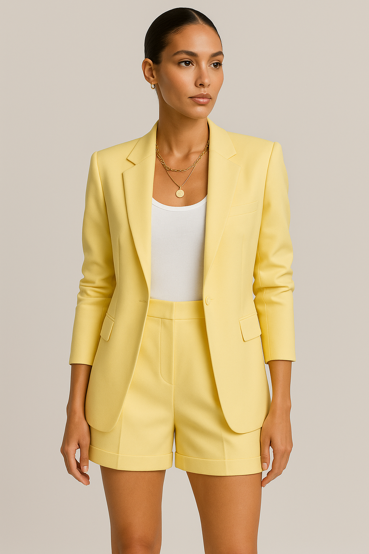 Yellow single-breasted blazer and high-waist shorts set with notch lapels