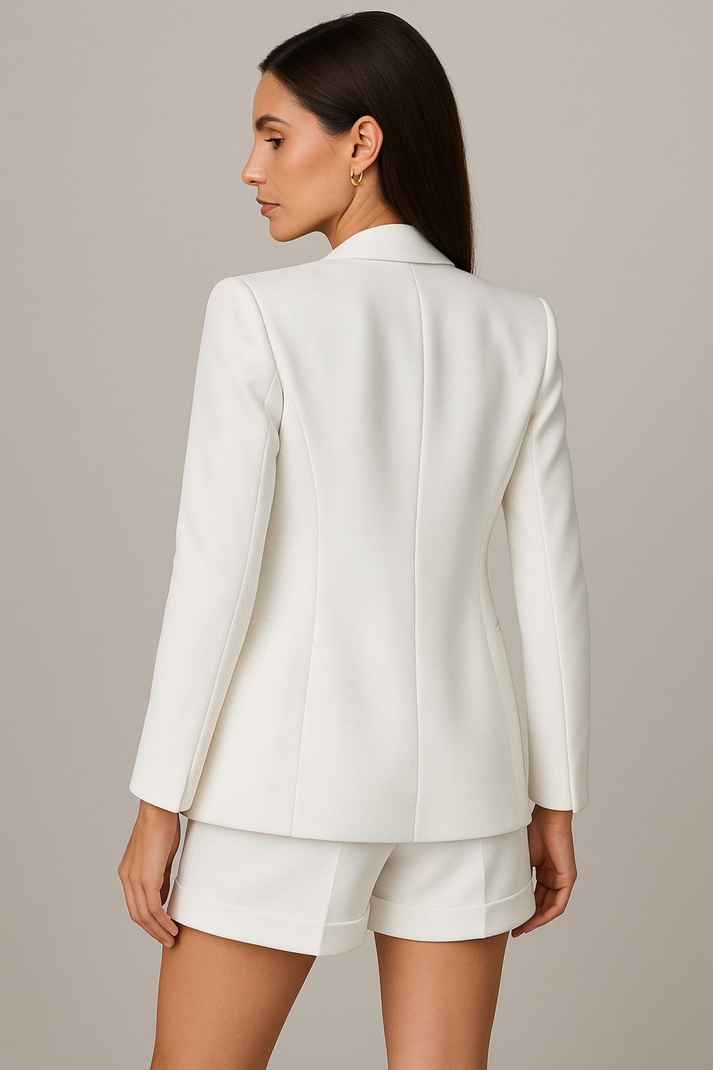 White single-breasted blazer and high-waist shorts set, back view