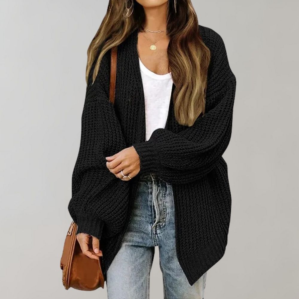 Black oversized knit cardigan, long sleeves, open-front draped fit