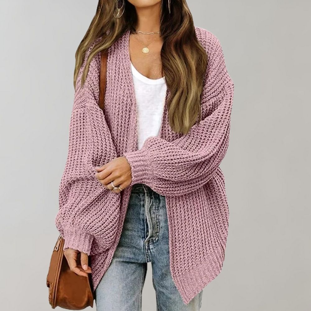 Mauve pink oversized knit cardigan, long sleeves, open-front chunky knit