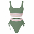 Green crochet stripe halterneck bikini set with high-waist briefs and drawstring side ties