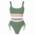 Green crochet stripe halterneck bikini set with high-waist briefs and drawstring side ties