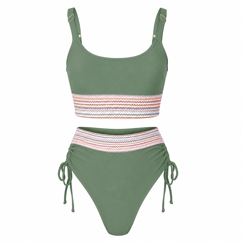 Green crochet stripe halterneck bikini set with high-waist briefs and drawstring side ties