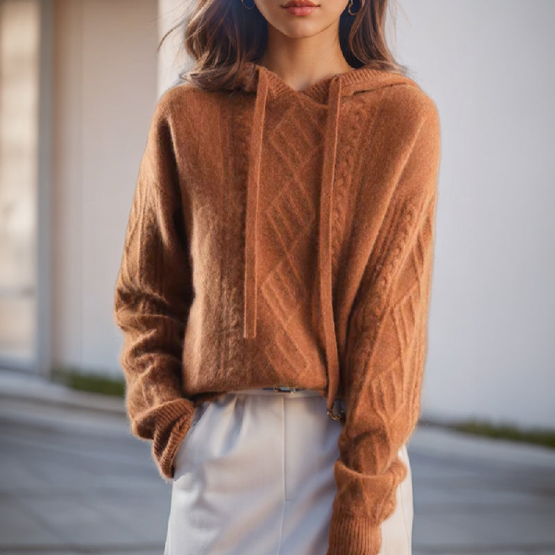Brown cable-knit hoodie with drawstring hood and long sleeves