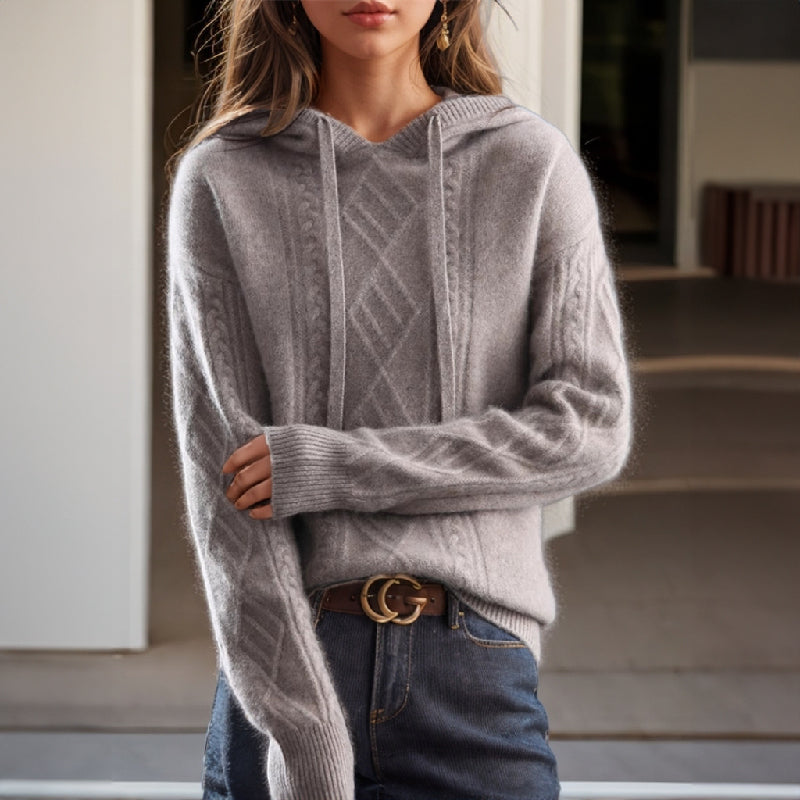 Gray cable-knit hoodie with drawstring hood and long sleeves