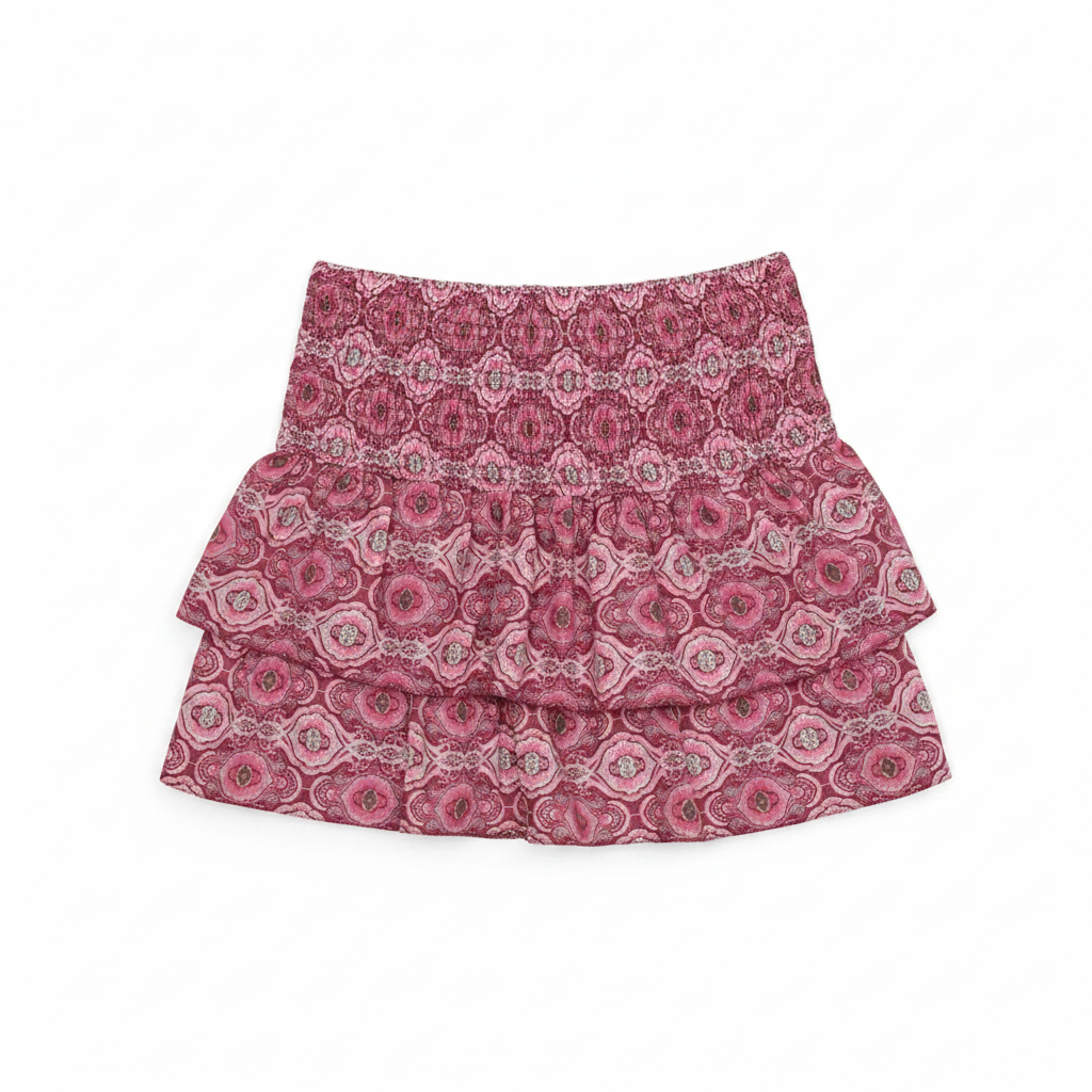 Rose floral pleated maxi skirt with layered ruffle tiers