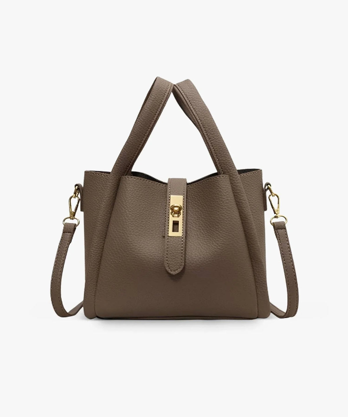 Khaki leather-look crossbody shoulder bag with top handles, side straps, and front clasp
