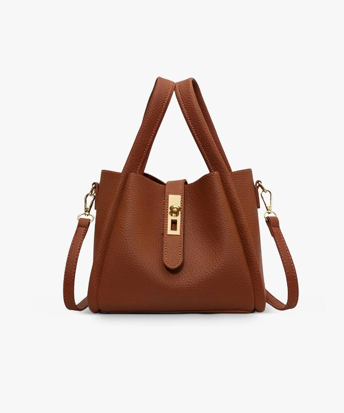 Rust-brown leather-look crossbody shoulder bag with top handles and front gold-tone clasp