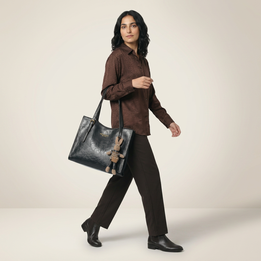 Women’s compact structured synthetic leather crossbody bag in dark brown, front pocket
