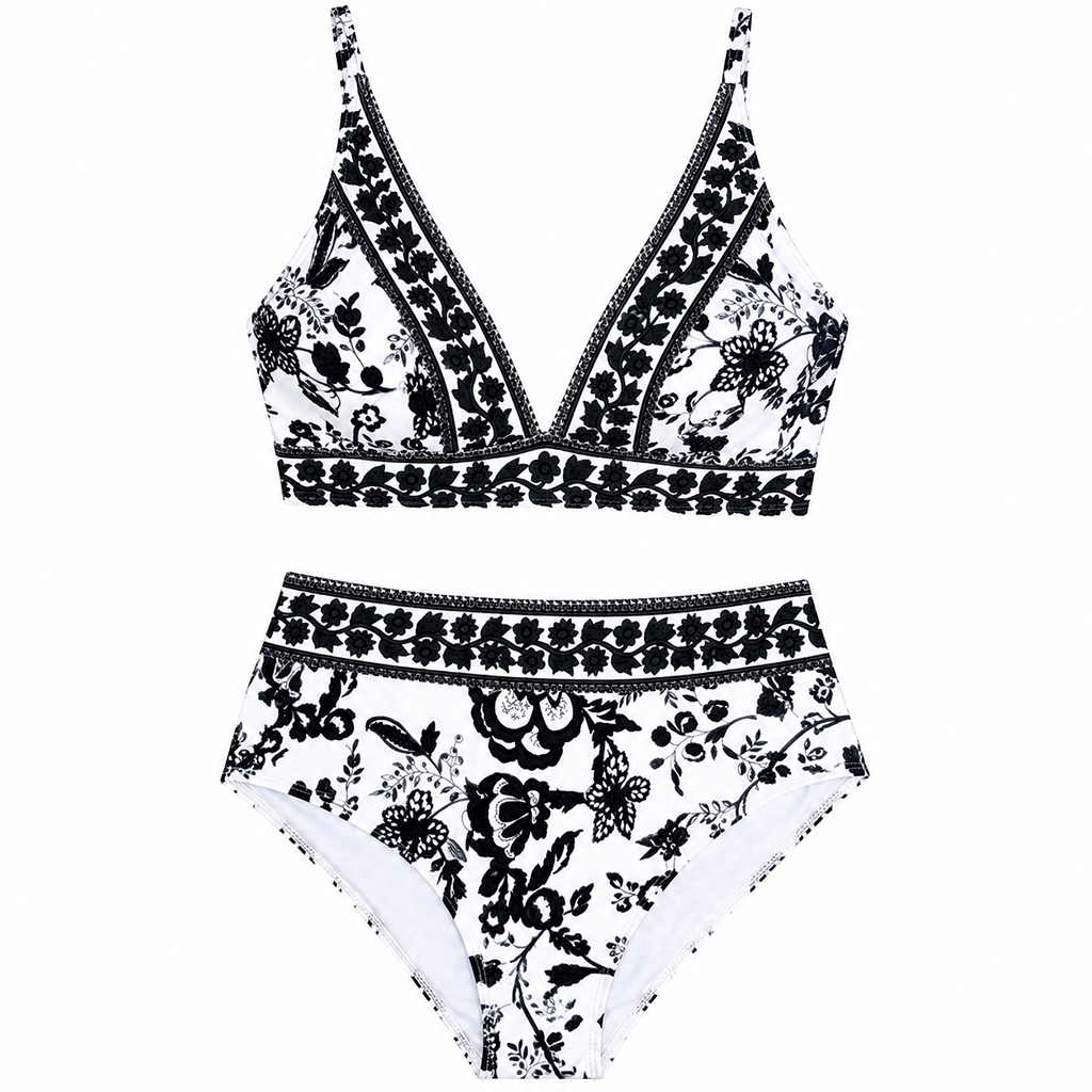 Black/white floral V-neck bikini set, adjustable straps, high-rise briefs